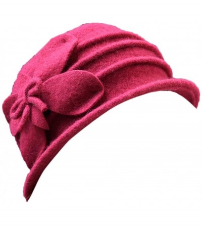 Berets Women 100% Wool Solid Color Round Top Cloche Beret Cap Flower Fedora Hat - 2 Red - CK186WYL262 $20.85