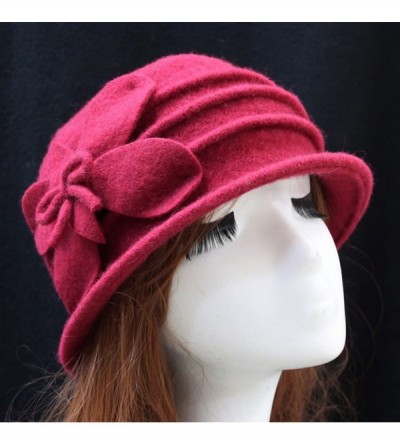 Berets Women 100% Wool Solid Color Round Top Cloche Beret Cap Flower Fedora Hat - 2 Red - CK186WYL262 $20.85