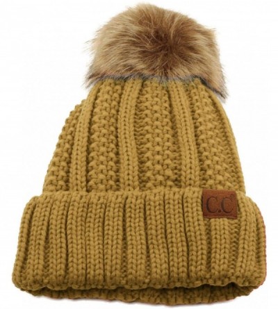 Skullies & Beanies Winter Sherpa Fleeced Lined Chunky Knit Stretch Pom Pom Beanie Hat Cap - Solid Camel - C818K2ZZI94 $10.39