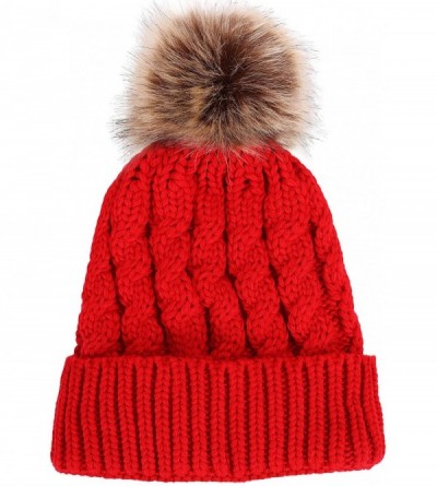 Skullies & Beanies Women's Winter Soft Knit Beanie Hat with Faux Fur Pom Pom - No Fleece Lined_red - CW12N75RWXU $30.35