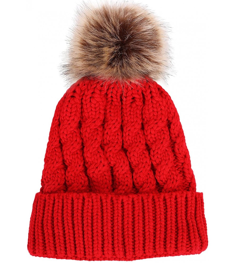 Skullies & Beanies Women's Winter Soft Knit Beanie Hat with Faux Fur Pom Pom - No Fleece Lined_red - CW12N75RWXU $12.91