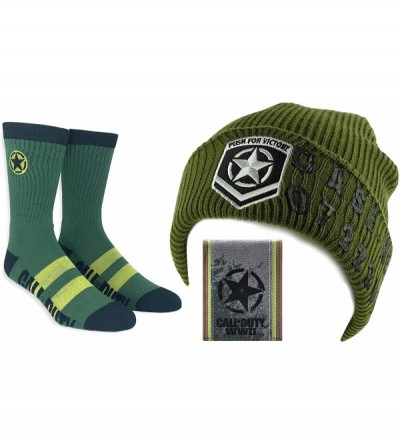 Skullies & Beanies Call of Duty WWII Military Star Beanie Knit Hat- Wallet and Crew Socks Gift Bundle Green - CW18Z7NGM9U $12.70