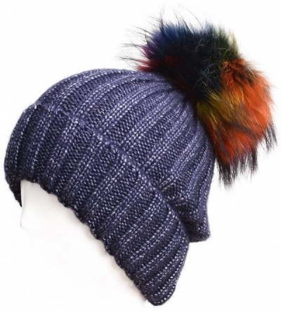 Skullies & Beanies Sparkle Threading Wool Crochet Knit Hat Pom Pom Winter Beanie Cap T263 - Navy Blue With Colorful Pom Pom -...