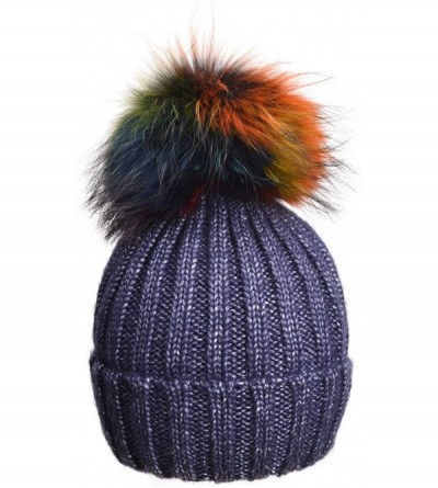 Skullies & Beanies Sparkle Threading Wool Crochet Knit Hat Pom Pom Winter Beanie Cap T263 - Navy Blue With Colorful Pom Pom -...
