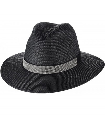 Sun Hats Women's Paper Woven Rhinestone Band Panama Sun Hat - Black - CV18CNI7T6Z $18.25