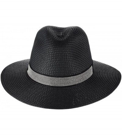 Sun Hats Women's Paper Woven Rhinestone Band Panama Sun Hat - Black - CV18CNI7T6Z $18.25