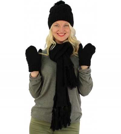Skullies & Beanies Winter 3pc Polar Fleece Lined Knit Beanie Pom Pom Hat Cap Gloves Scarf Set Ivory - Black - CO188RXWDXE $15.19