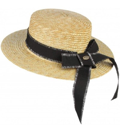 Sun Hats Women's Summer Wide Brim Straw Boater Hat Retro Style Flat Top Panama Straw Beach Sun Hat - Black 2 - C718U6EGNWM $2...