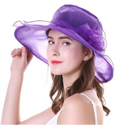Sun Hats Kentucky Derby Hats Women Organza Church Hat for Wedding Tea Party MZW0099 - Purple - C017YX5UMIU $11.96