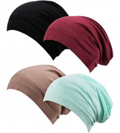 Skullies & Beanies 4 Pieces Satin Lined Sleep Cap Slouchy Beanie Slap Hat for Women - Black- Wine Red- Khaki- Green - C31932D...