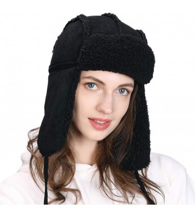 Bomber Hats Ladies Earflap Trapper Hat Faux Fur Hunting Hat Fleece Lined Thick Knitted - 00781_black - CK18ZUHU23D $44.87