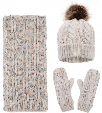 Skullies & Beanies 3 in 1 Women Soft Warm Thick Cable Knitted Hat Scarf & Gloves Winter Set - Mix Beige Gloves W/ Lined - C51...