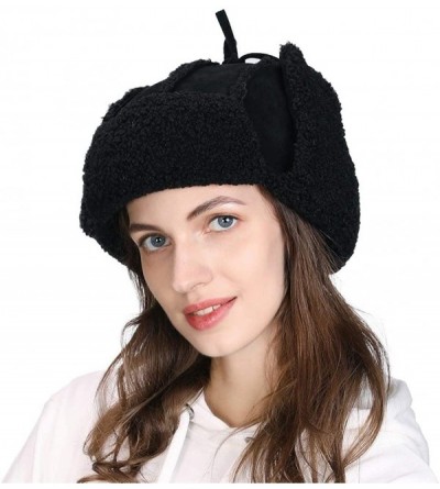 Bomber Hats Ladies Earflap Trapper Hat Faux Fur Hunting Hat Fleece Lined Thick Knitted - 00781_black - CK18ZUHU23D $17.26