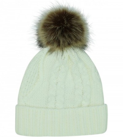 Skullies & Beanies Fleece Lined Cable Knit Beanie Cap Hat with Pom Pom - Ivory - CJ12O76SKR5 $19.30