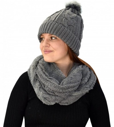 Skullies & Beanies Thick Warm Crochet Beanie Hat & Plush Fur Lined Infinity Loop Scarf Set - Grey 97 - CV18845OLMH $11.72