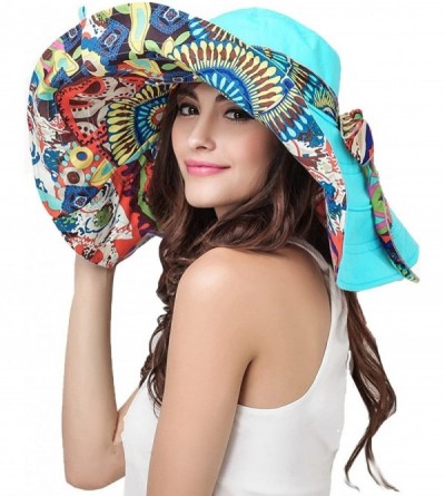 Sun Hats Womens Wide Brim Sun Hat Floppy Canvas Summer Beach Bucket Hat UPF 50+ - Blue - CU12H96BHGP $18.15