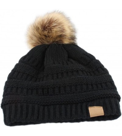 Skullies & Beanies Fashion Women Faux Fur Pom Pom Beanie Cap Winter Outdoor Warm Woolen Yard Hat - Black - C7187LKS45Y $11.55