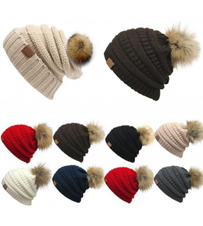 Skullies & Beanies Fashion Women Faux Fur Pom Pom Beanie Cap Winter Outdoor Warm Woolen Yard Hat - Black - C7187LKS45Y $11.55