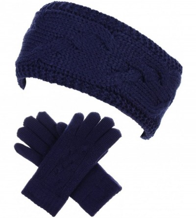 Headbands Womens Winter Cable Plush Warm Fleece Lined Knit Gloves & Headband 2 Pieces Set-Various Styles - CN18GD4ROH4 $31.87
