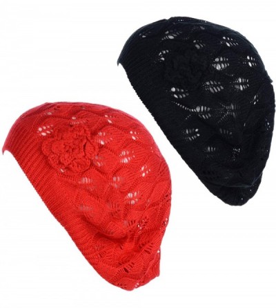 Berets Chic Parisian Style Soft Lightweight Crochet Cutout Knit Beret Beanie Hat - CR198RTG6LS $18.79