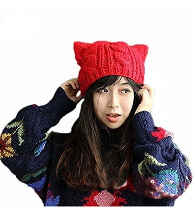 Skullies & Beanies Handmade Knitted Pussy Cat Ear Beanie Hat for Women's March Winter Warm Cap - Red - C4189H9YE79 $10.10