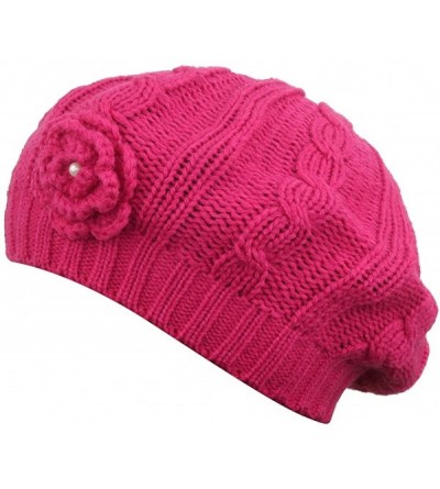 Berets Women Crochet Braided Knit Flower Beret Baggy Beanie Ski Cap Hat - Pink - CI11ZYOBZSP $11.79