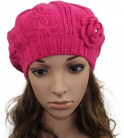 Berets Women Crochet Braided Knit Flower Beret Baggy Beanie Ski Cap Hat - Pink - CI11ZYOBZSP $11.79