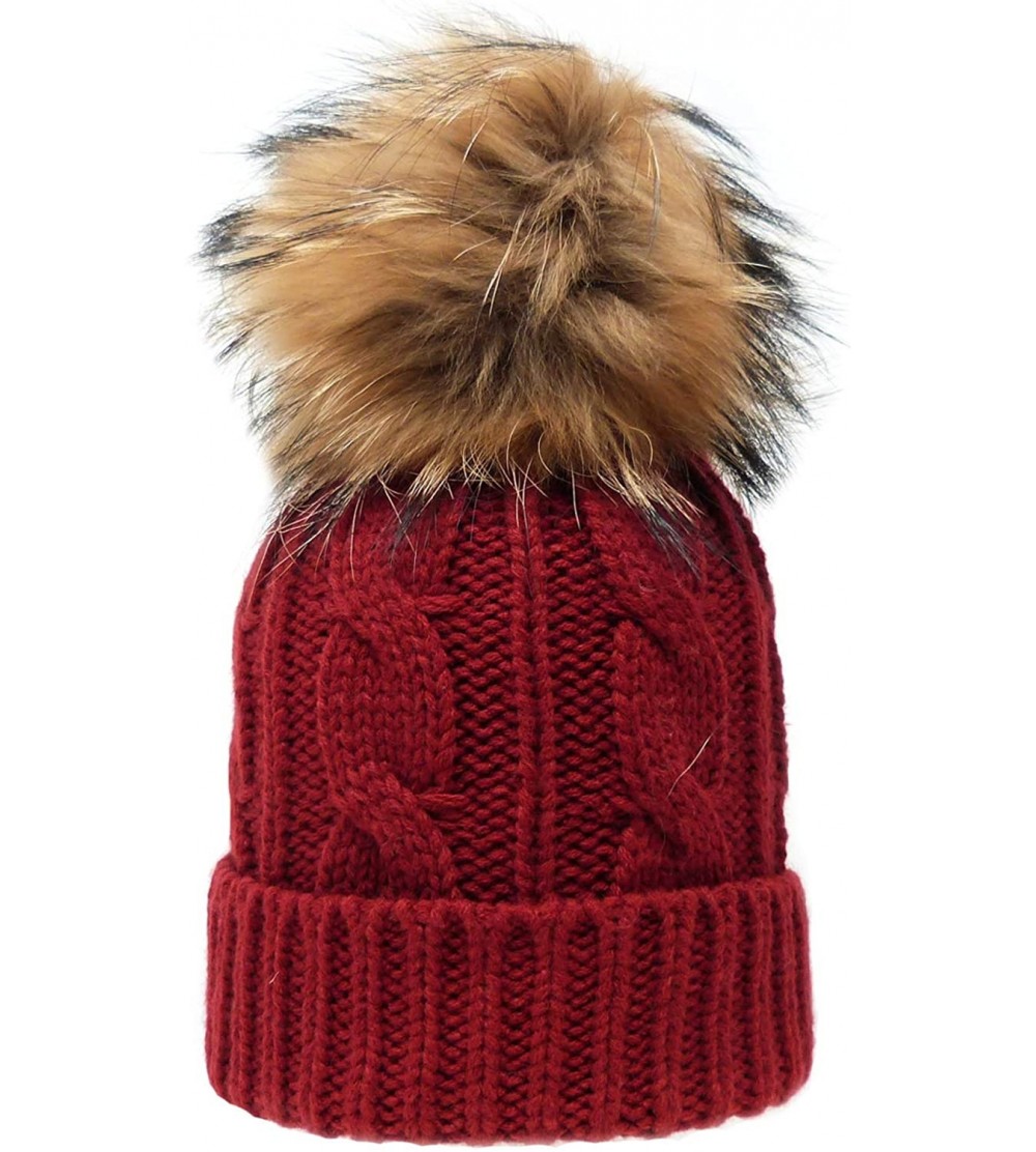 Skullies & Beanies Women's Winter Trendy Warm Faux Fur Pom Pom Fashion Knit Beanie Hats MM3003 - Raccoon Fur - Burgundy - C81...