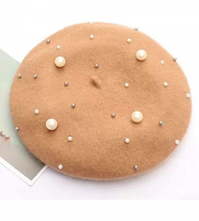 Berets Women Wool Beret Hat French Style Solid Color - Camel+pearl - CE18I7ZXS33 $12.88