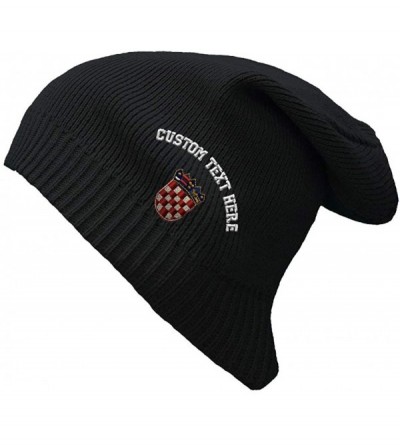 Skullies & Beanies Custom Text Embroidered Croatia Flag Seal Unisex Adult Organic Cotton Slouch Beanie Skully Hat - Black- On...