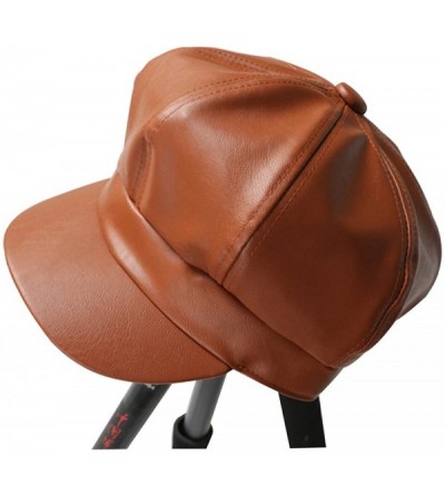 Newsboy Caps Faux Leather Octagonal Cap Solid Newsboy Hat Unisex Painter Cap PU Duckbill Hat - Brown - CV186MOMOUX $18.38