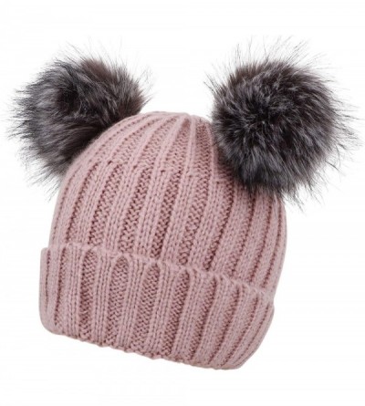 Skullies & Beanies Men & Women's Cable Knit Beanie with Faux Fur Pompom Ears - Pink - CT188076T3N $13.32
