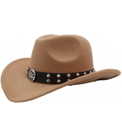 Cowboy Hats Straw Western Cowboy Hat Unisex Vintage Wide Brim Sun Hats Outback Hat with Punk Leather Belt - Khaki - CC18SXAX2...