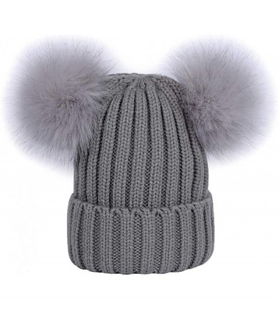 Skullies & Beanies Womens Double Pom Pom Winter Bobble Hat Knitted Faux Raccoon Fur Ball Cap Adult Beanie Hat - Grey - C818YC...