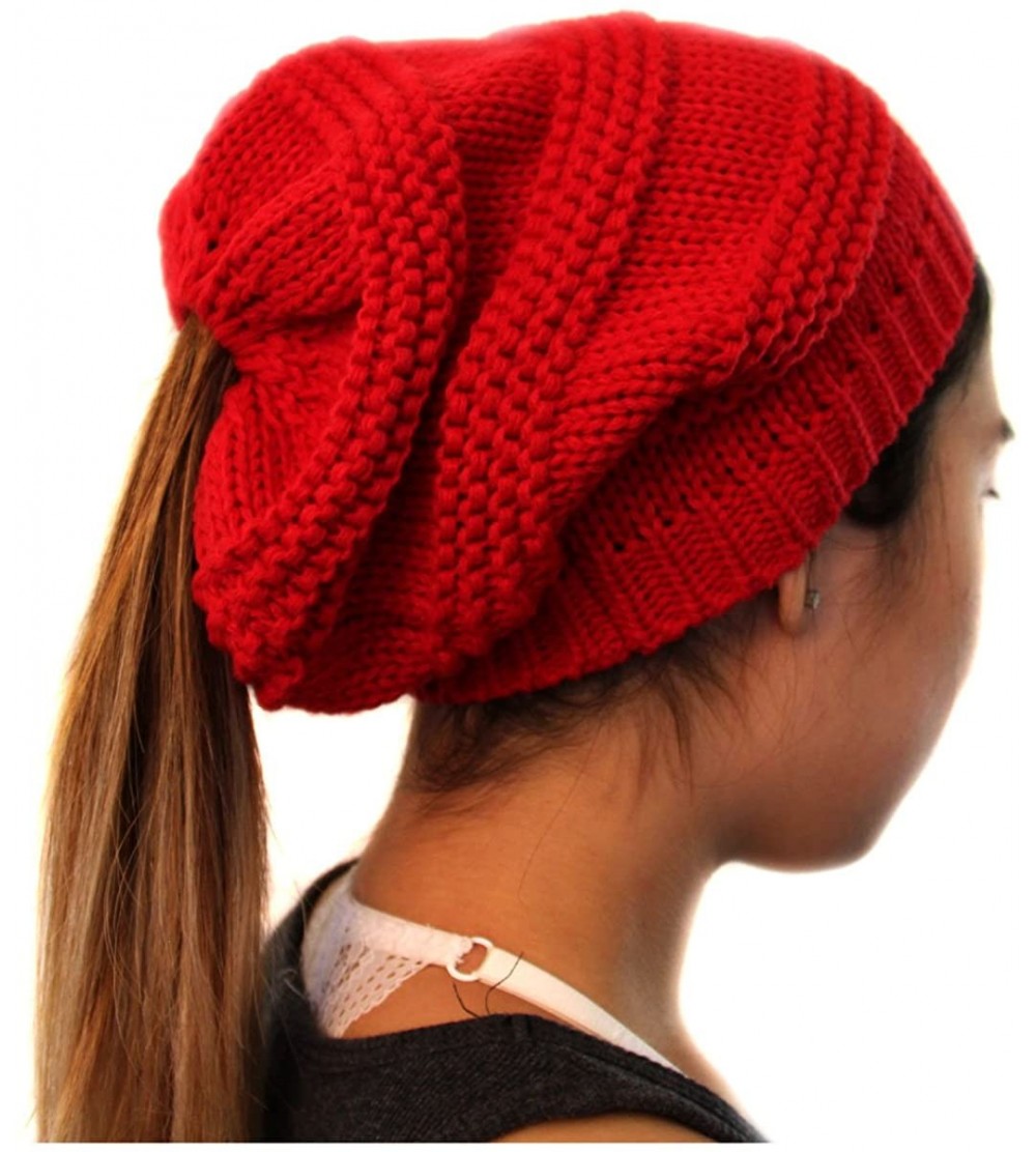 Skullies & Beanies Ponytail Ribbed Stretch Slouchy Beanie Hat - Red - CI185CLGYAU $12.37