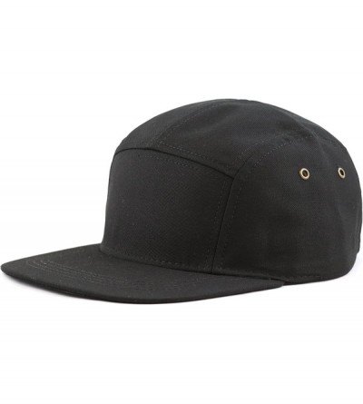 Baseball Caps Made in USA Cotton Twill 5 Panel Flat Brim Genuine Leather Brass Biker Board Cap - Black - CT12F1LSFDX $9.46