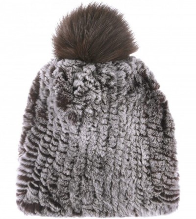 Skullies & Beanies Real Rex Rabbit Fur Hat- Knitted Warm Beanie Cap with Fox Fur Pompom Ball - Fox Fur Pompom (Gray & White) ...