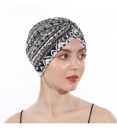 Skullies & Beanies Women's Cotton Turban Elastic Beanie Printing Sleep Bonnet Chemo Cap Hair Loss Hat - Black - CZ196OTZ0C5 $...