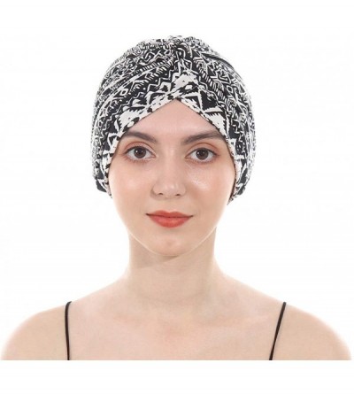 Skullies & Beanies Women's Cotton Turban Elastic Beanie Printing Sleep Bonnet Chemo Cap Hair Loss Hat - Black - CZ196OTZ0C5 $...