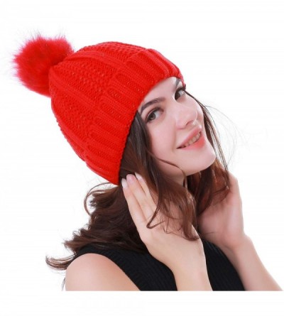 Skullies & Beanies Women Winter Soft Warm Ski Cap Knit Slouchy Beanie Chunky Baggy Hat with Faux Fur Pompom - Red - CL18YD2NM...