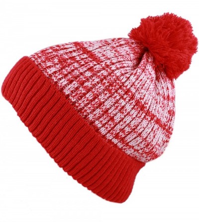 Skullies & Beanies Exclusive Ribbed Knit Warm Fuzzy Thick Fleece Lined Winter Skull Beanie - Red With Pom - C418K0IRSZ7 $14.73