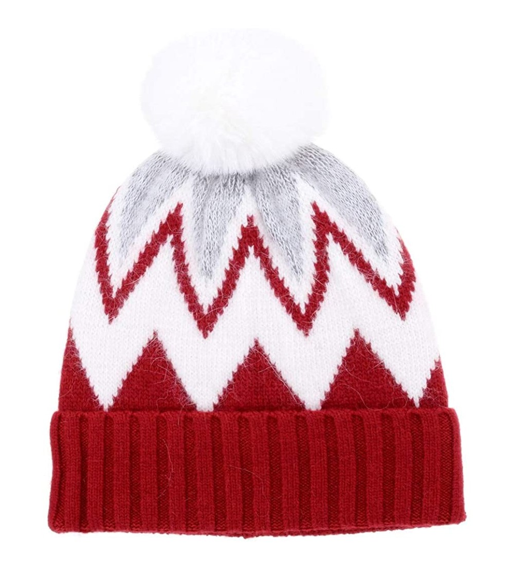 Skullies & Beanies Women Knit Wool Beanie - Slouchy Beanie Winter Hat with Faux Fur Pompom Soft Warm Ski Cap - Red - C518YCUD...