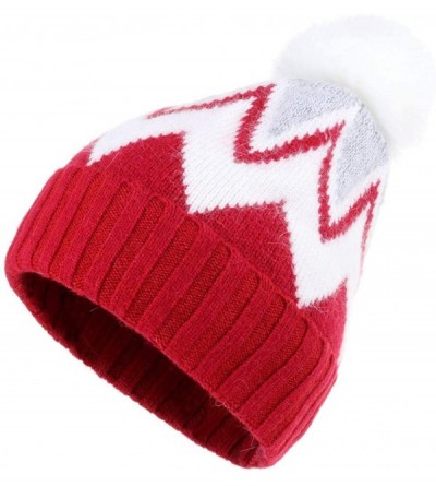 Skullies & Beanies Women Knit Wool Beanie - Slouchy Beanie Winter Hat with Faux Fur Pompom Soft Warm Ski Cap - Red - C518YCUD...