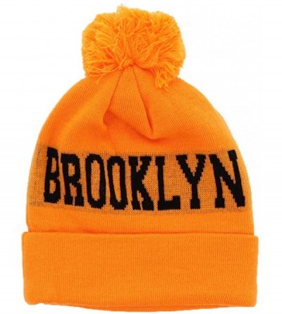 Skullies & Beanies Brooklyn Beenie City Winter Knitted Pom Pom Beanie Hat - Neon Orange - CJ18H5GN9UN $8.64