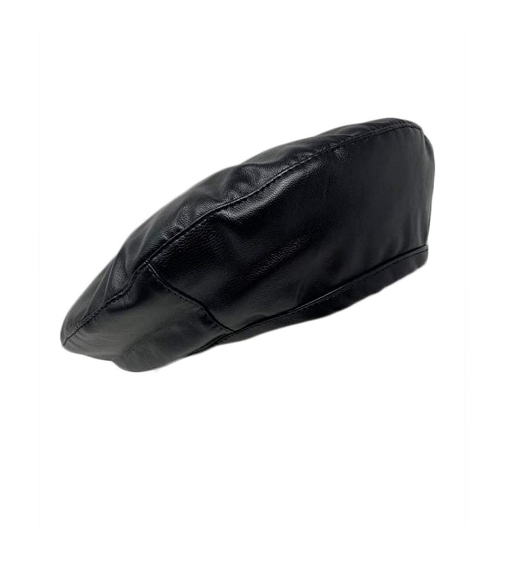 Berets Women French Style PU Leather Beret Hat Cap - Black - CD18QH295IU $14.49
