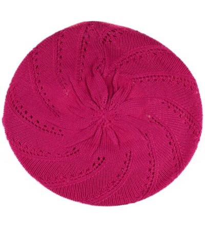 Berets Chic Parisian Style Soft Lightweight Crochet Cutout Knit Beret Beanie Hat - Swirl Fuchsia - CQ12MX0DV7F $13.46