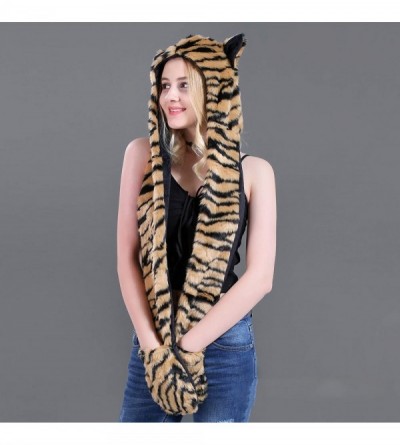 Bomber Hats Animal Hood Faux Fur Hat with Scarfs Mittens Ears and Paws 3 in 1 Soft Warm Winter Headwear - Tiger - CV18KLYYQQD...