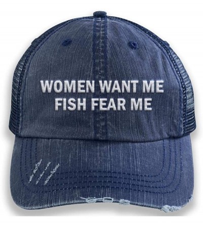 Baseball Caps Women Want Me Fish Fear Me Embroidered Distressed Trucker Cap Men Hat - Navy - C018TEDL7HW $36.76