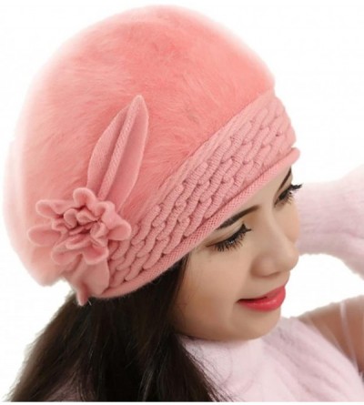 Berets Winter Beret Cap Womens Flower Knit Crochet Beanie Hat Winter Warm Cap - Pink 1 - CC185LNELAA $10.50