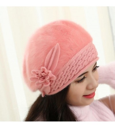 Berets Winter Beret Cap Womens Flower Knit Crochet Beanie Hat Winter Warm Cap - Pink 1 - CC185LNELAA $10.50